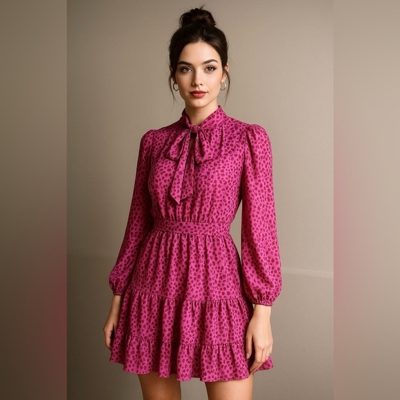 entro Dresses & Skirts - Entro Pink Leopard Tie Neck Mini Dress NWOT Small
